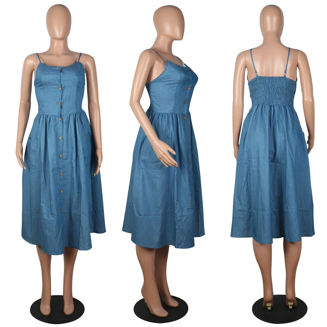 

Cutubly Women Strap Denim Dresses Summer Solid Midi Dress O-Neck Sleeveless Pocket Vintage Beach High Street Long Dresses