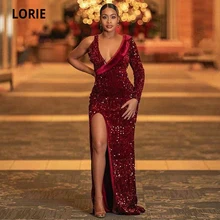 LORIE Vestidos de Noche Burdeos con lentejuelas, sirena, largos, con abertura lateral, un hombro, para fiesta, talla grande (3)