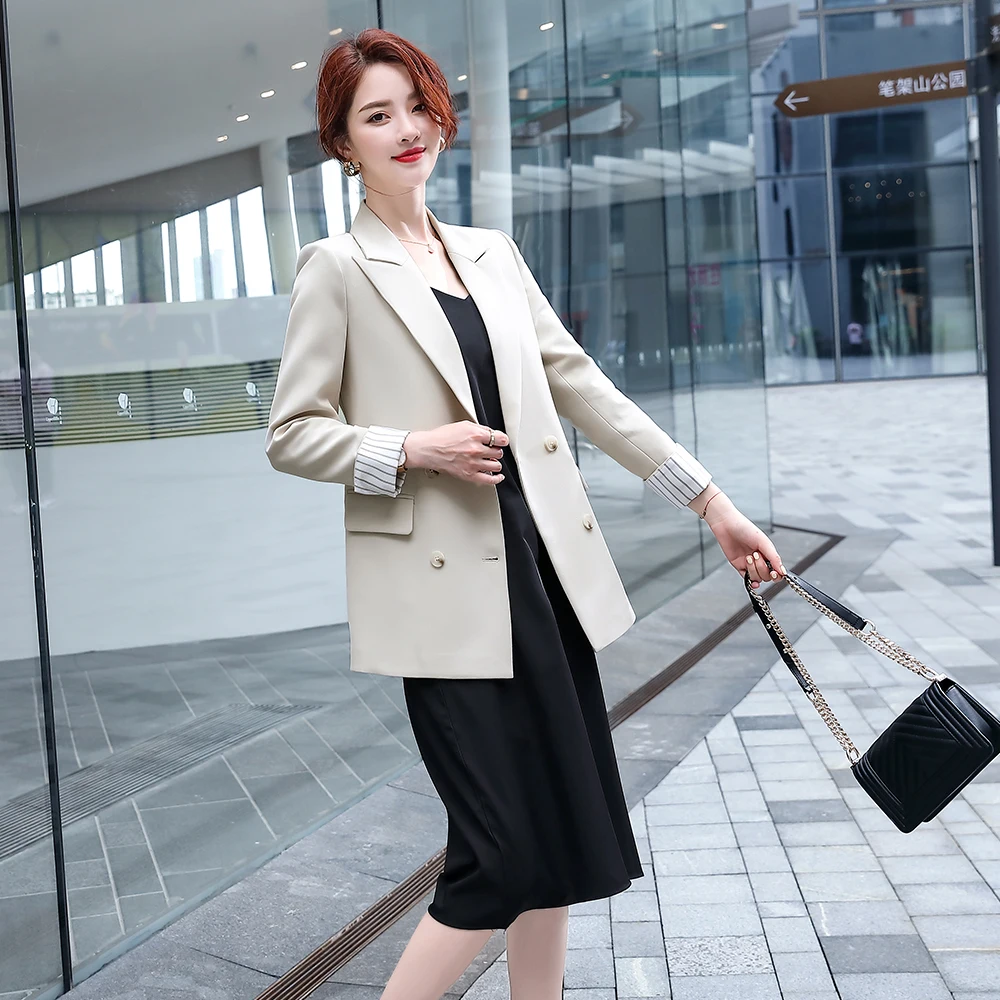 

New Arrival Women Girl Winter Blazer 2020 Casual Female Solid Double Breasted Coat Tops High Quality Green Apricot Jacket