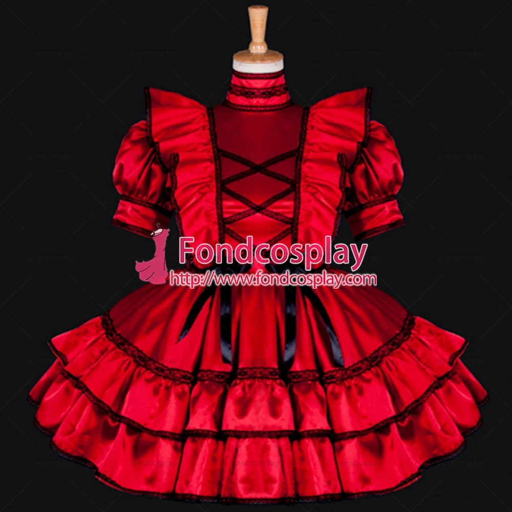 

fondcosplay adult sexy cross dressing sissy maid short Lockable Red Satin Uniform Dress Cosplay Costume Custom-made[G789]