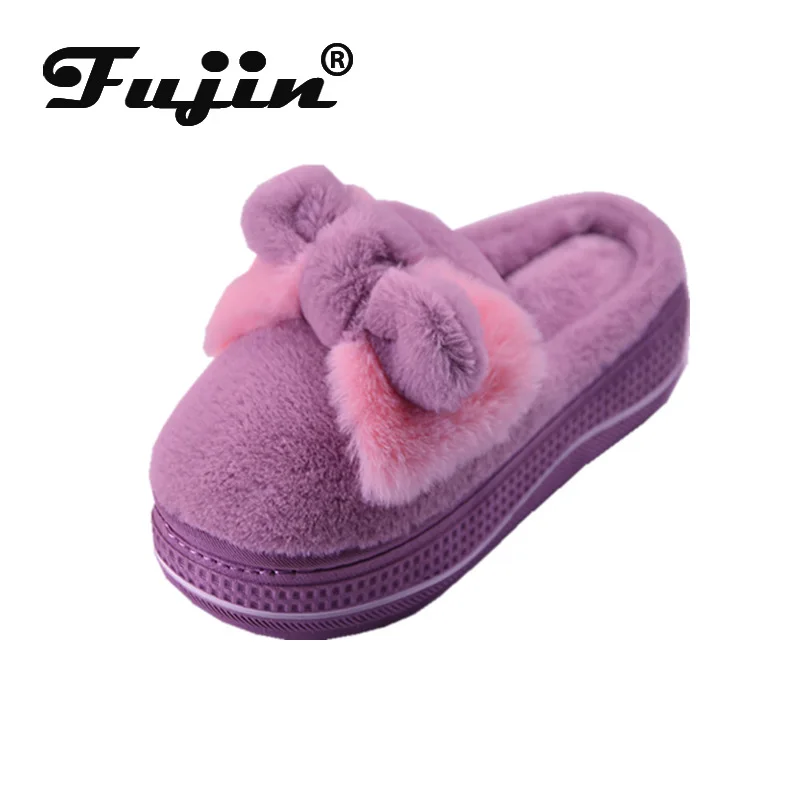 Fujin/зимние хлопковые тапочки на Высоком толстом каблуке Модные теплые домашние с