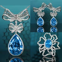 foydjew original design luxury full zircon blue simulated topaz jewelry sets for women bowknot necklaces stud earrings rings