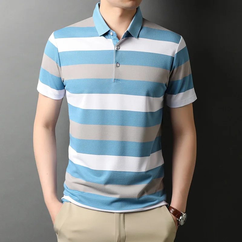 

jialuowei Brand New High Quality Polo Shirt Short Sleeve Striped Cotton Men's Collared Shirt Various Colors Optional