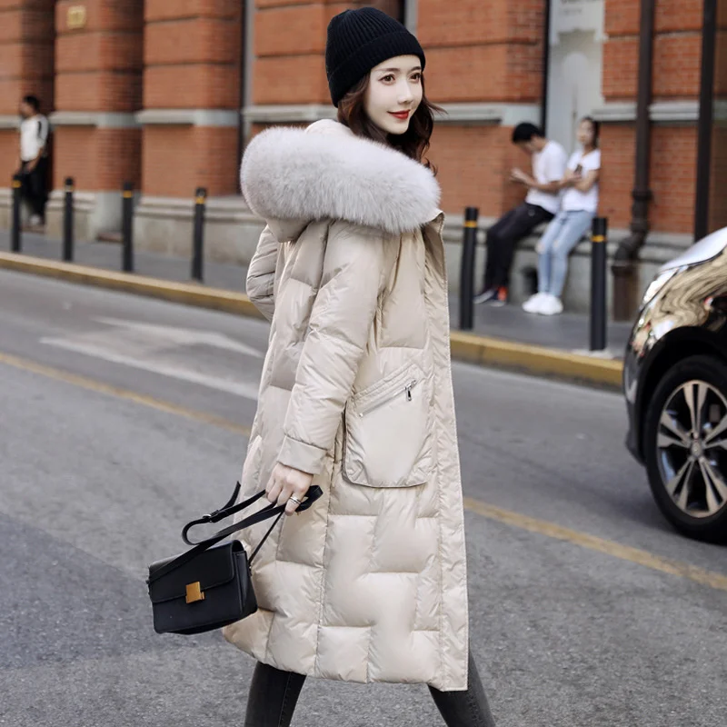 

Down jacket 2020 new women's mid winter long knee white duck down jacket light thick big