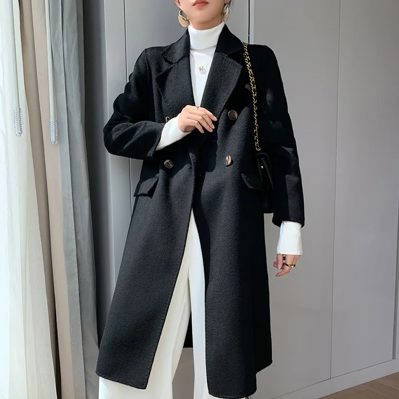 Верхний кашемировый пальто женское двубортное на водяном ряби 100% чистое средней длины.