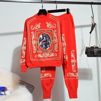 autumn winter casual chic red tracksuit two piece knitted set embroidery sweater knit long harem pants suit women loose 2pcs