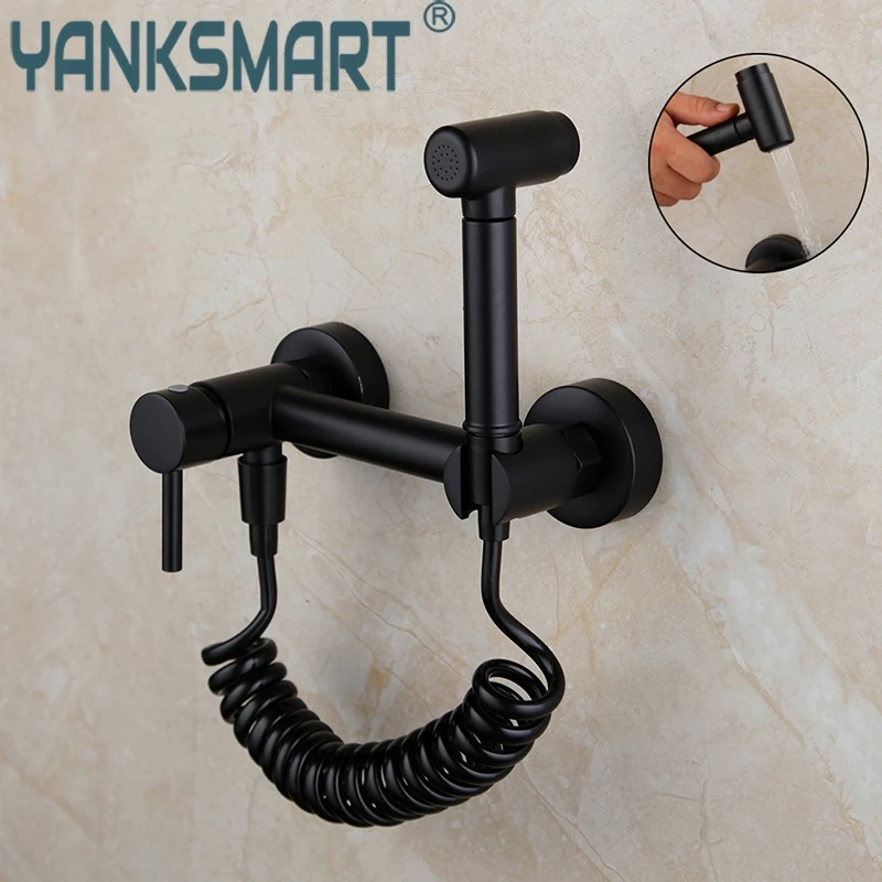 

YANKSMART Bathroom Balcony Matte Black Single Handle Bidet Faucet Wall Mounted Hot And Cold Mixer Tap Bidet Gun Spray Faucets
