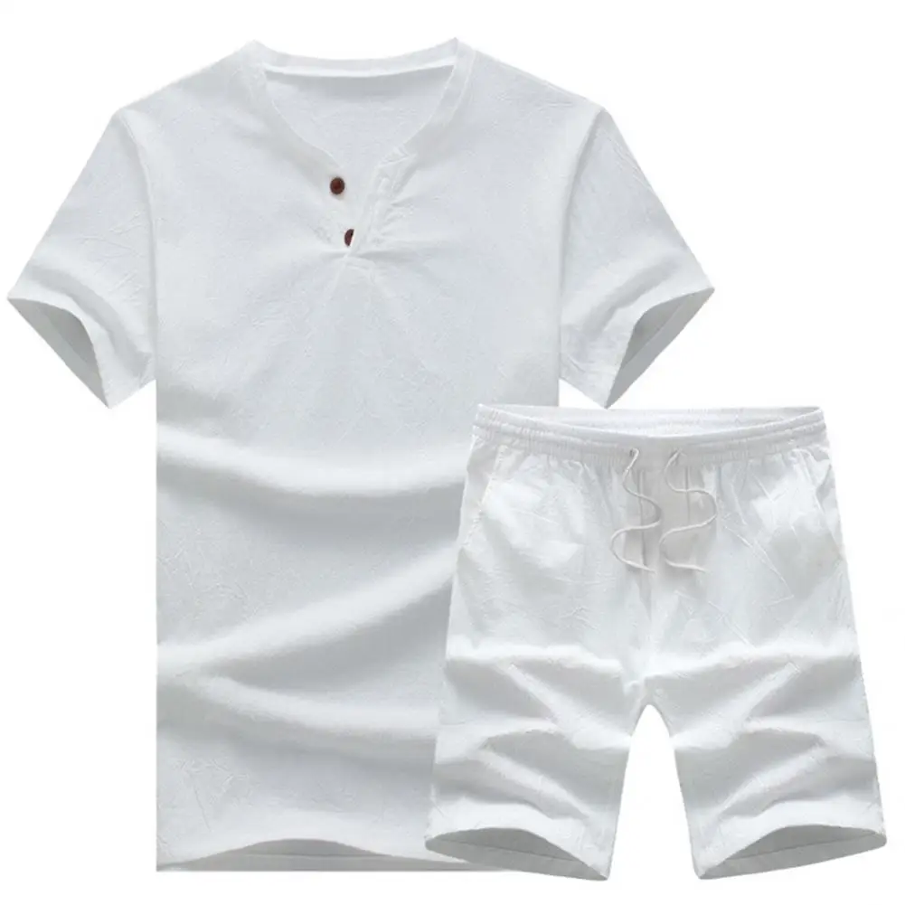 

Skin-friendly Stylish Elastic Waist Short Sleeve Men Outfit Two Piece Casual Suit V Neck Clothing Set