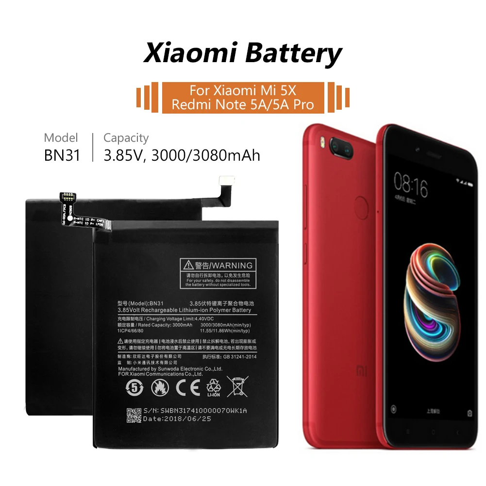 

Аккумулятор для телефона BN31 для Xiaomi Mi 5X Mi5X / Mi A1 MiA1 / Redmi Note 5A / Note 5A Pro / Y1 Lite 3000 мАч, сменные батареи