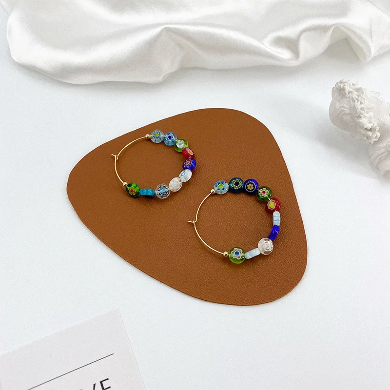 

Everyday Big Hollow Round Hoop Earrings for Women Ladies Colourful Glass Ball Beaded Pendant Earrings Plain Accessories Gifts