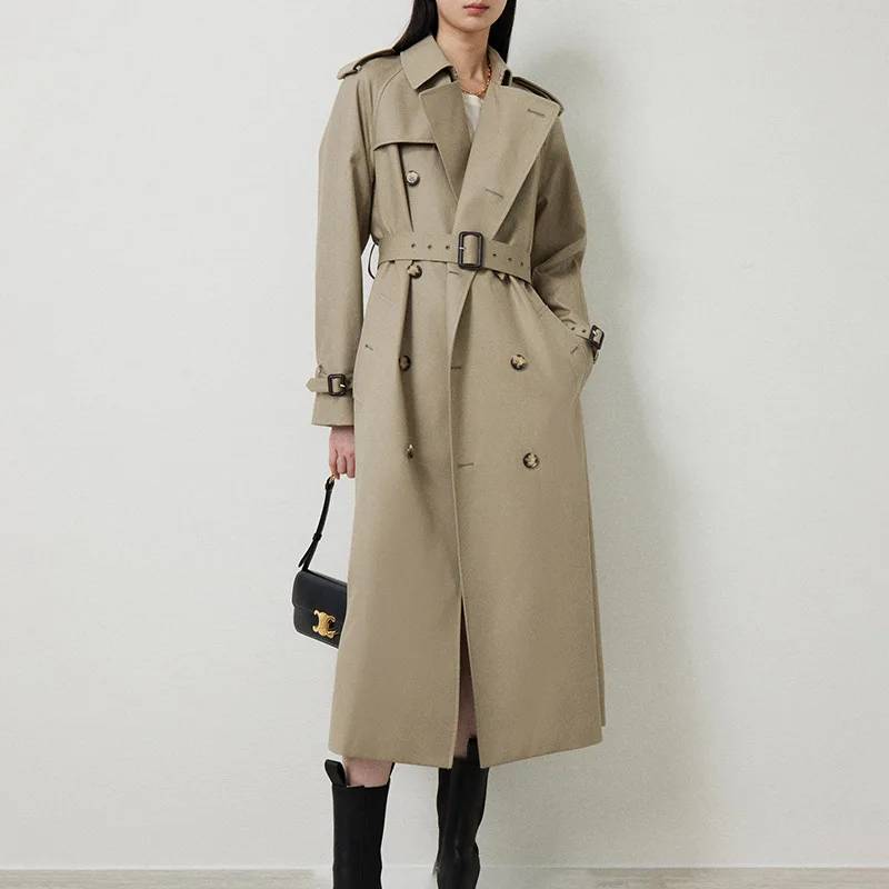 

Khaki Long Women Trench Coat Autumn Turn Down Collar Tops Women Clothes Double Breasted Long Sleeve Belt Trench Overcoat Female