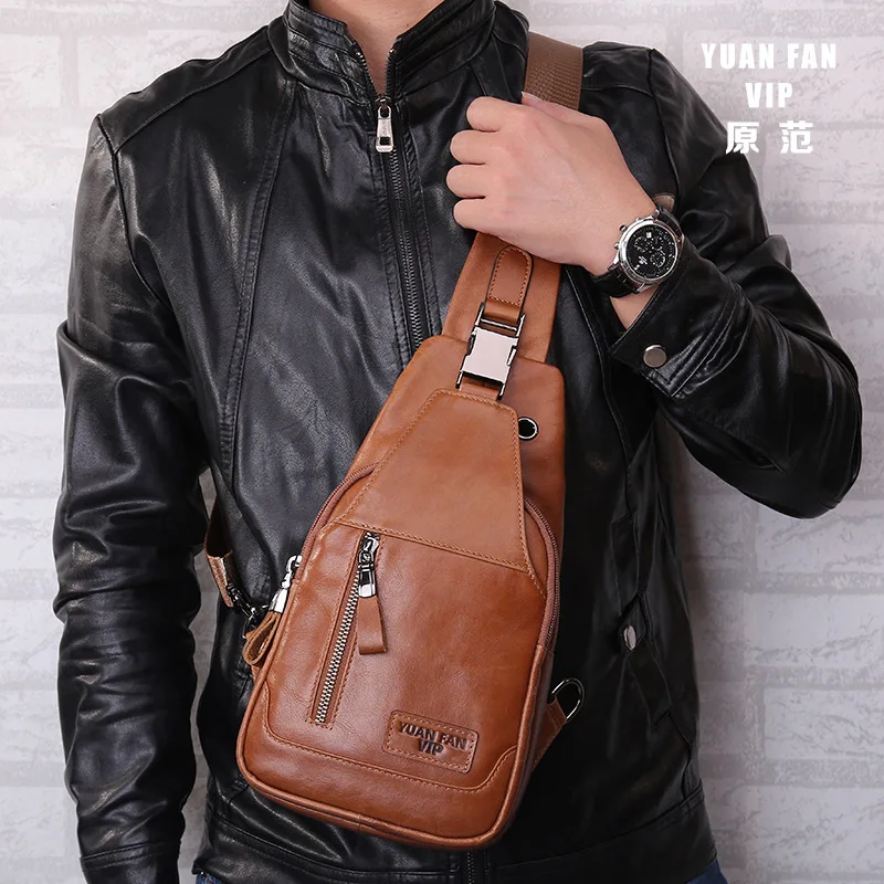 Genuine Leather Casual Men's Sling Chest Pack Crossbody Shoulder Bag Men Messenger Bags For Travel Zipper Style Design |