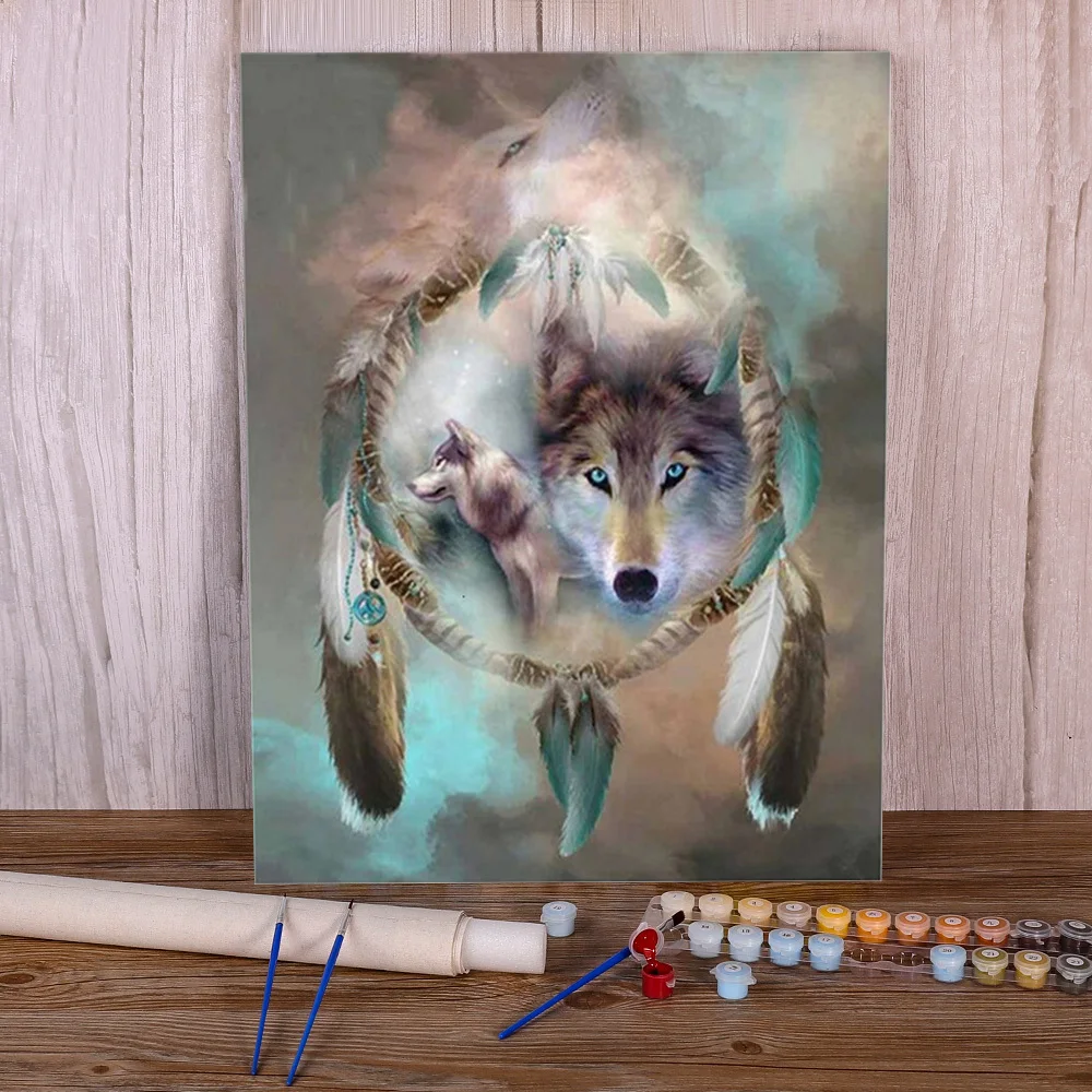 

Dreamcatcher Wolf DIY Painting By Numbers Set Oil Paints 40*50 Canvas Pictures Handmade For Handiwork
