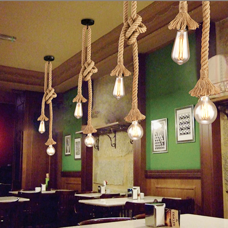 

Retro Hemp Rope Pendant Lights Industrial Loft Vintage Long Single Double Heads Rattan Hanging Lamp 1 2 3 4 5m Edison Led Bulbs