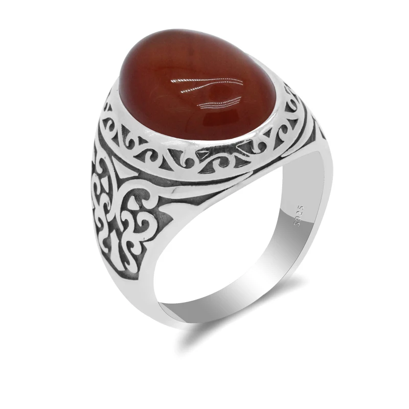 

925 Sterling Silver Man Vintage Ring with Natural Onyx Big Red Stone Rings Thai Silver Design for Men Women Turkish Jewelry