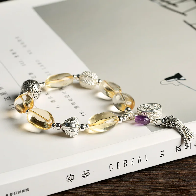 

OMHXZJ Wholesale CS06 Fashion Woman Party Birthday Gift Natural Amethyst Citrine Beads Tassel 100% 925 Sterling Silver Bracelet