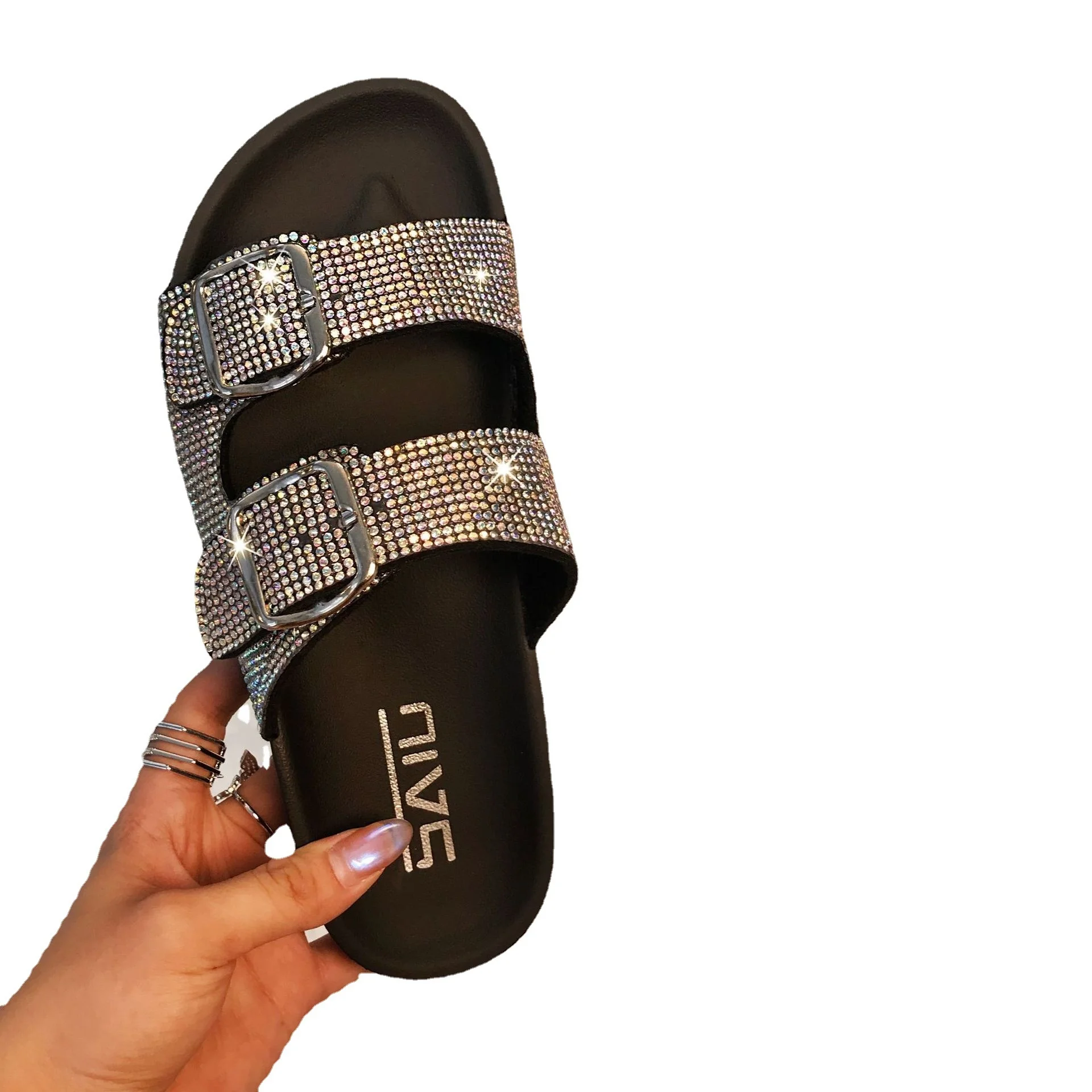 

2020 fashion color double button diamond flat bottom sandals for women