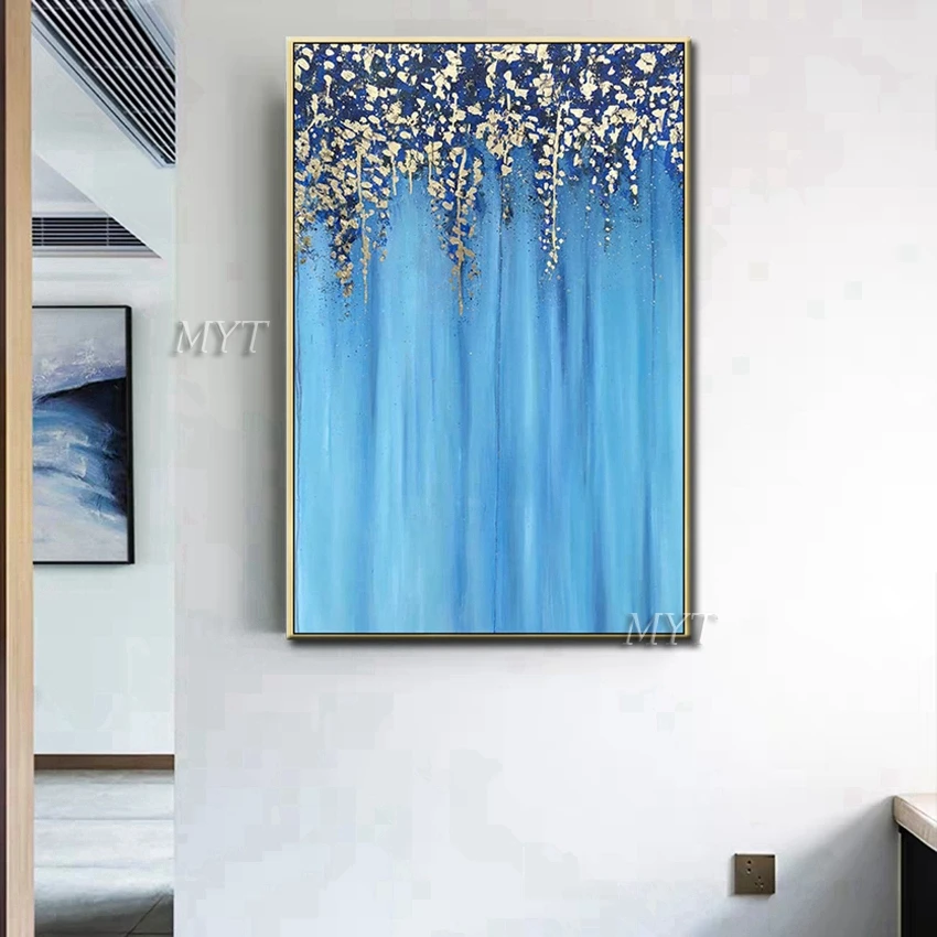 Золотые цветы и растения висят сверху ручной работы картина на холсте в современном стиле домашнего декора красивая.