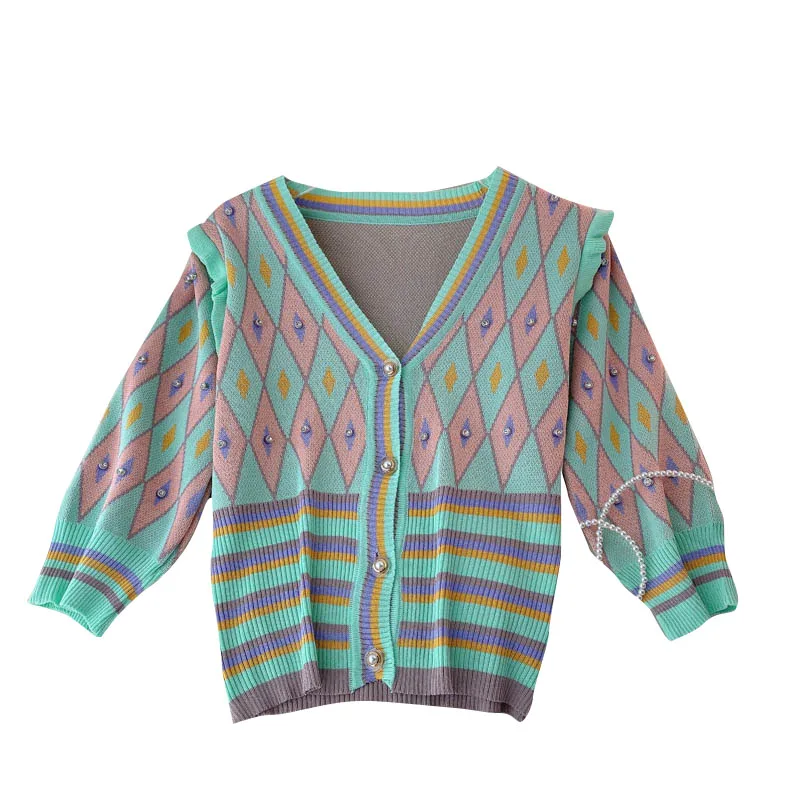 

Design Beading Knitted Cardigan Women Long Sleeve V Neck Single Breasted Top Autumn Korean Streetwear Sweater Outerwear