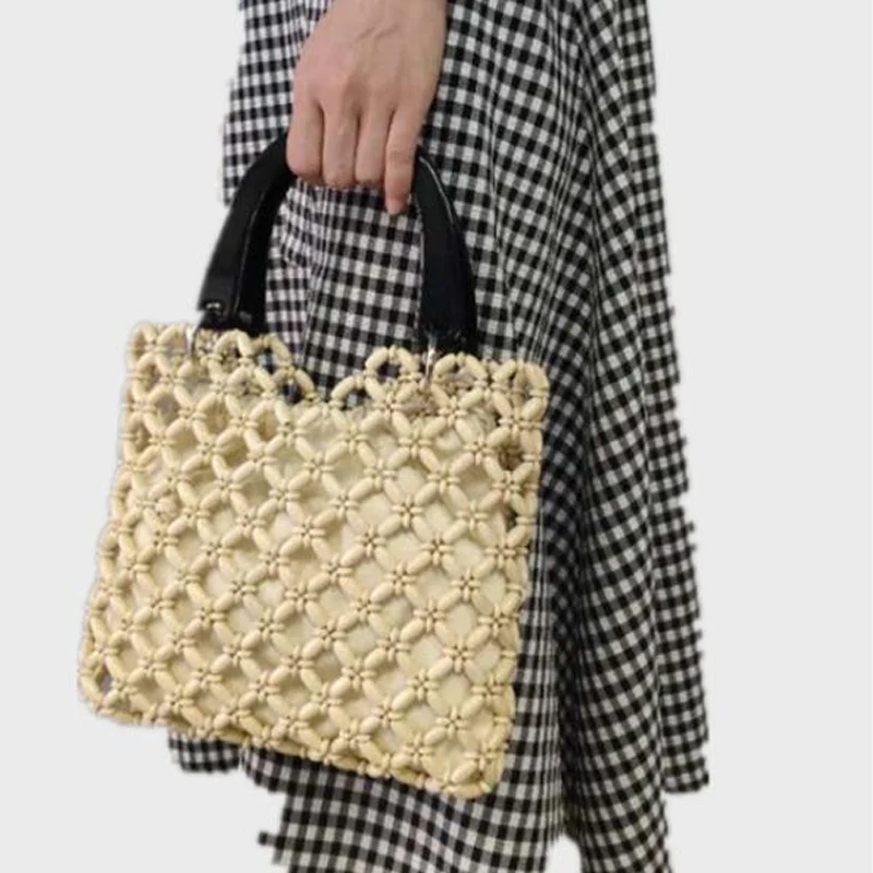 Long bead wood hand-woven bag handmade beaded wooden beads woven Shoulder Bags women original tote | Багаж и сумки