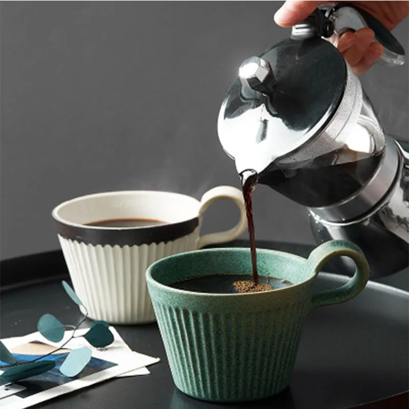 

Japanese Style Retro Thread Stoneware Coffee Cup Saucer Set with Spoon Modern Minimalist Home Ceramic Breakfast Milk Cup
