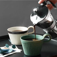 japanese style retro thread stoneware coffee cup saucer set with spoon modern minimalist home ceramic breakfast milk cup