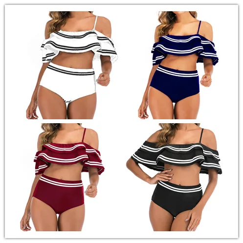 

2020 New Women Bikini Set Big Flounce Swimsuit Two -Pieces Swimwear Solid Beachwear High Waist Swim Suit Bandage Bathing Suit