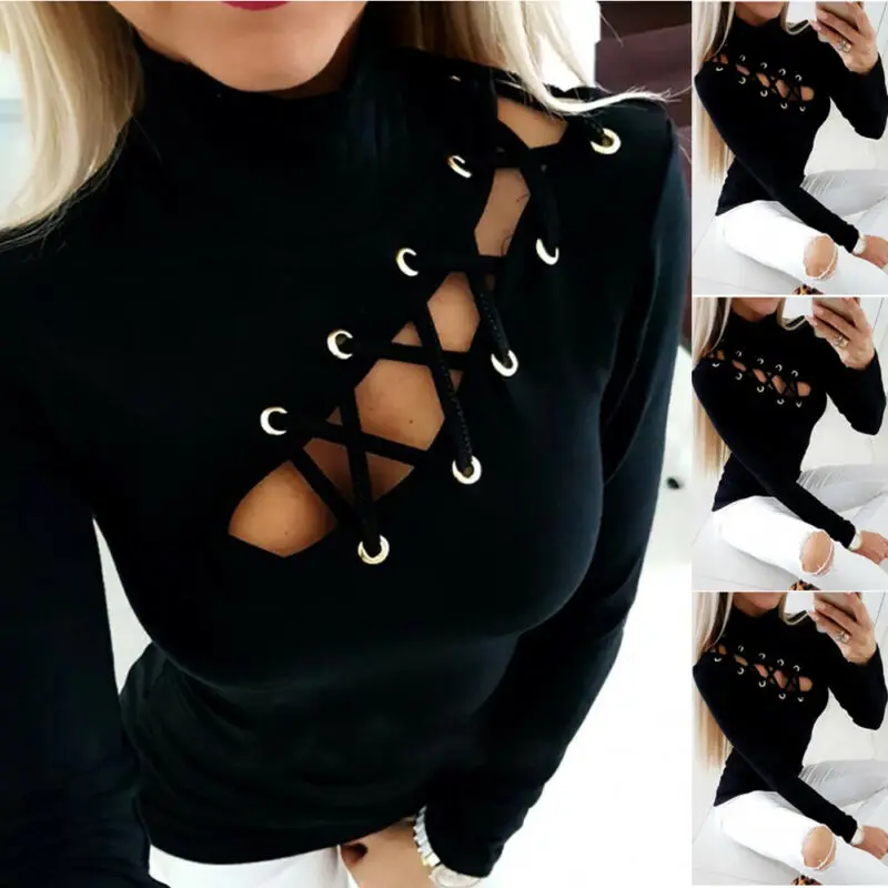 Модная женская бандажная футболка на шнуровке ажурная Женская облегающая