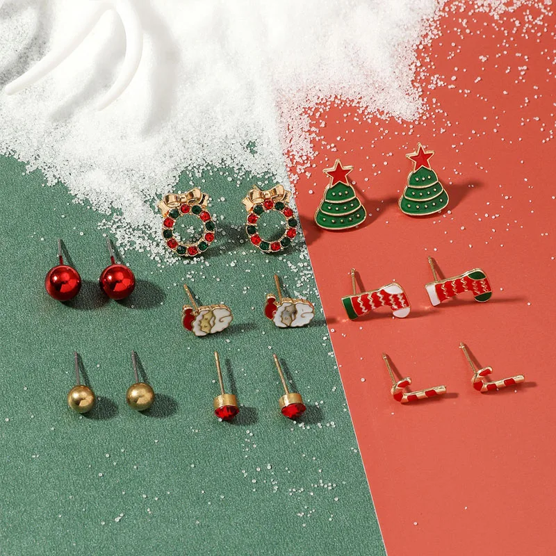 

8 Pairs Set Stud Earrings Christmas Tree Elk Snowman Deer Xmas Atmosphere Earring Studs Jewelry Crystal New Year Gifts