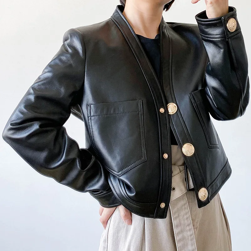 

Женская короткая куртка из овечьей кожи, с V-образным вырезом