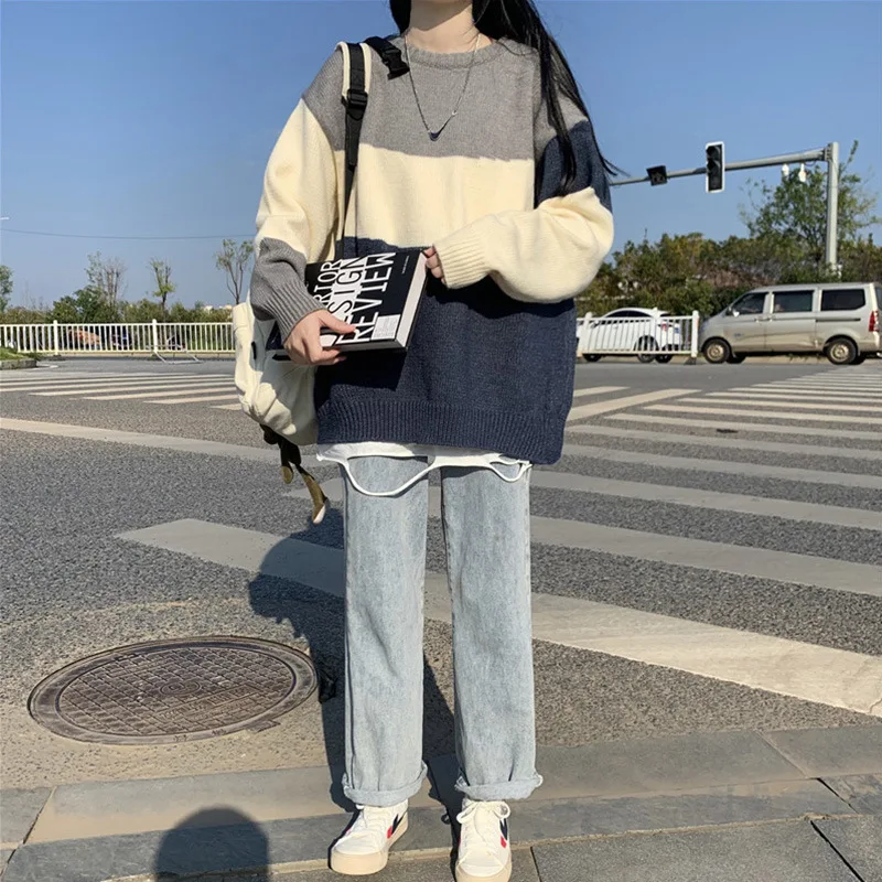 

Sweater girls wear 2022 new autumn and winter outfits with contrast stripes ins students Korean loose retro sweaters winter