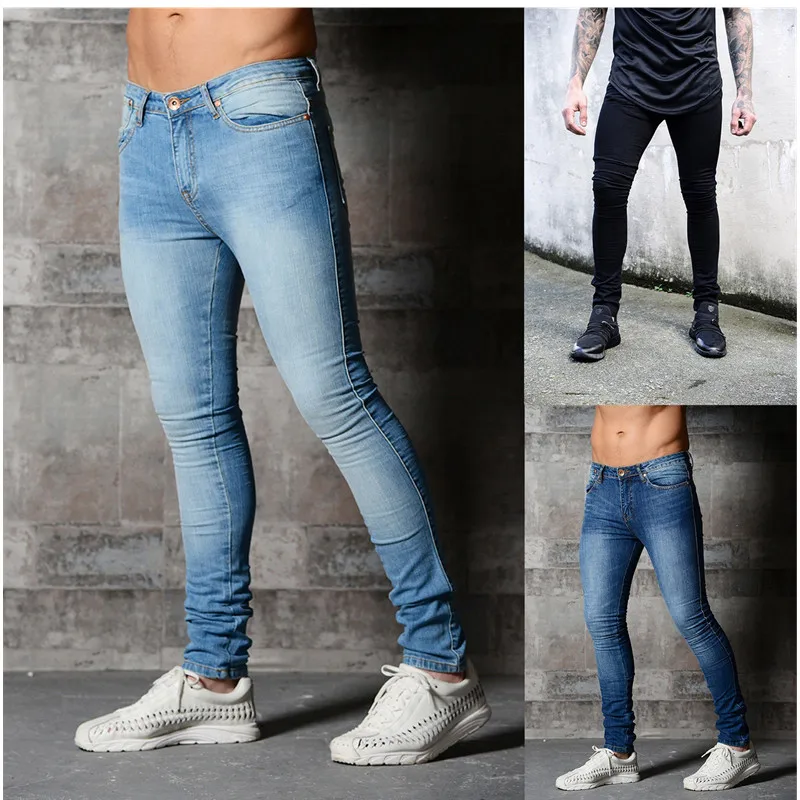 

Men Vintage Wash Pure Color Jeans Slim Designer Stretch Elasticity Jogger Pencil Pants Middle Waist Stretch Street Trousers Man