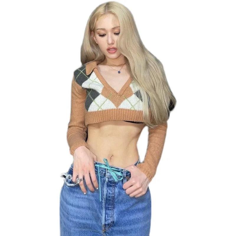 

Свитер женский Kpop, трикотажный, короткий, в клетку, в Корейском стиле пэчворк