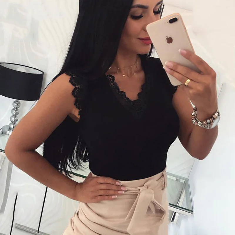 Женская Кружевная футболка с глубоким V-образным вырезом без рукавов | одежда