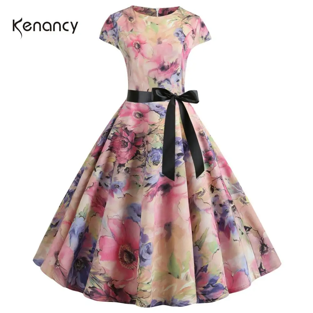 Женское винтажное платье с коротким рукавом круглым вырезом и цветочным