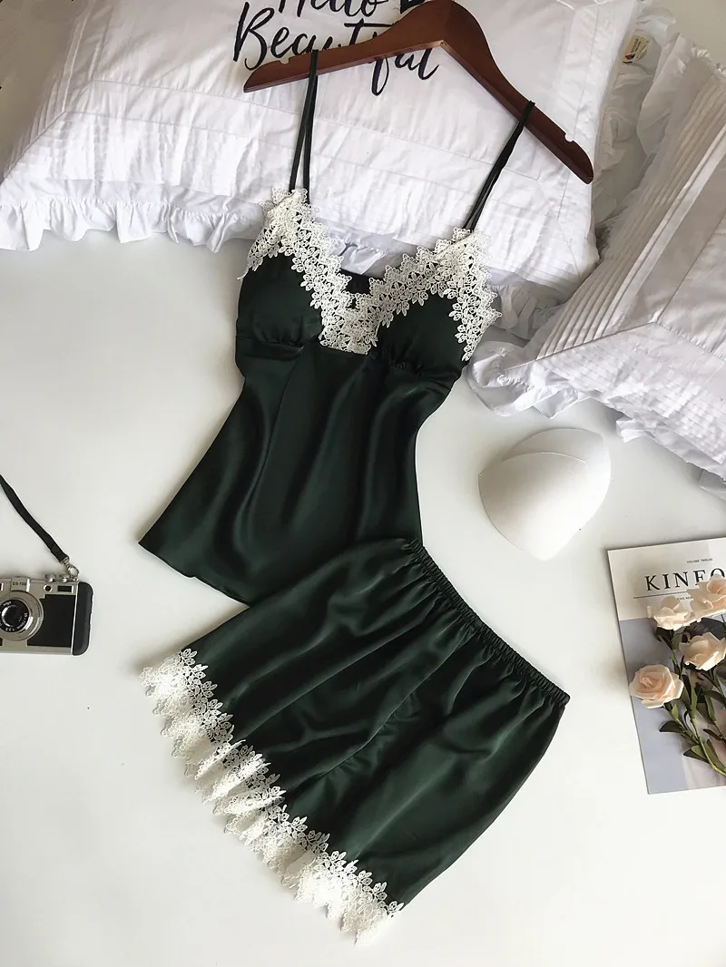 

Female Spring/Autumn Sexy Embroidered Lace Pajama Set 4PCS Dress Gown Ice Silk Thin Halter Nightdress Can Wear Outside