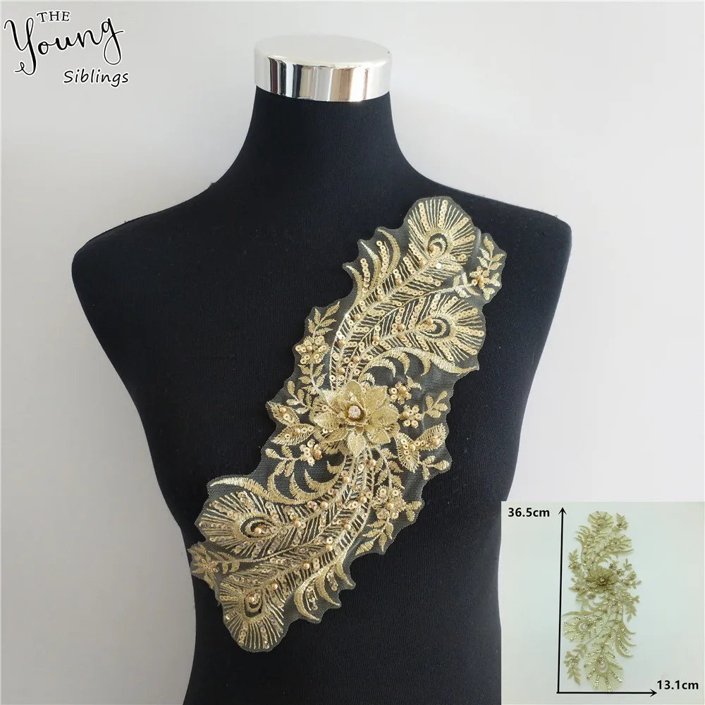 3D трехмерное цветочное украшение с золотой вышивкой аппликация блестками на шею