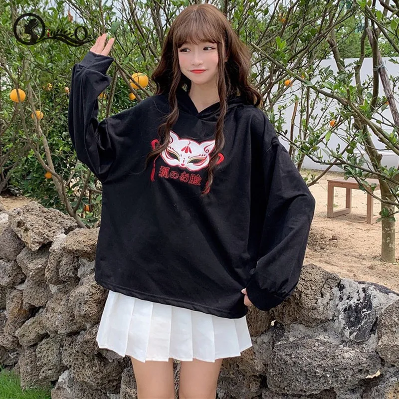 

Women Harajuku Hooded Autumn New Tops Embroidery Cartoon Hoodies Japanese Style Loose Casual Long-sleeved Hooded Pullover