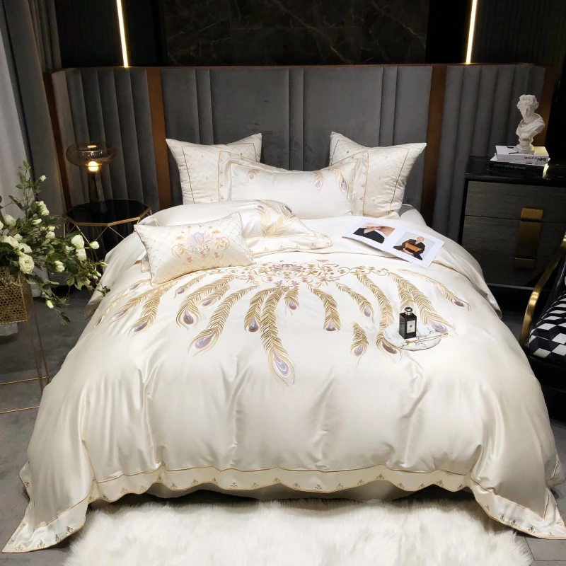 

Luxury Peacock Feather Embroidered Bedding Set 1000TC Egyptian Cotton White Soft Queen King Size Bed Sheet Duvet Cover Set 4pcs