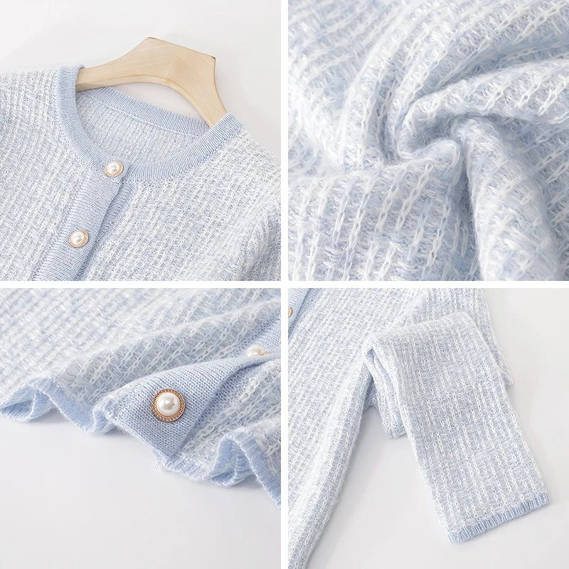 Женский кашемировый кардиган с длинным рукавом синий повседневный трикотажный