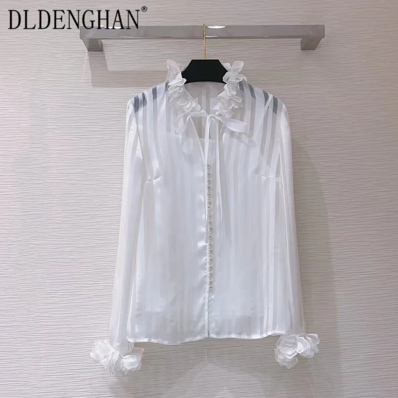 

Модная дизайнерская летняя полосатая рубашка DLDENGHAN, женские блузки с отложным воротником и длинным рукавом с аппликацией