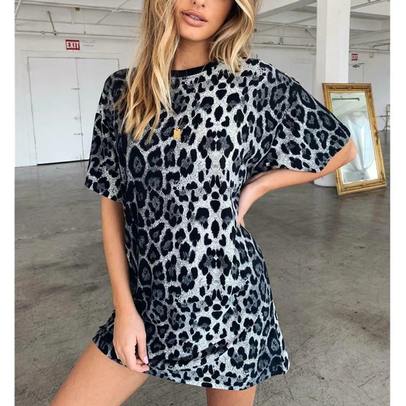 Женское летнее свободное платье футболка с леопардовым принтом модное женское