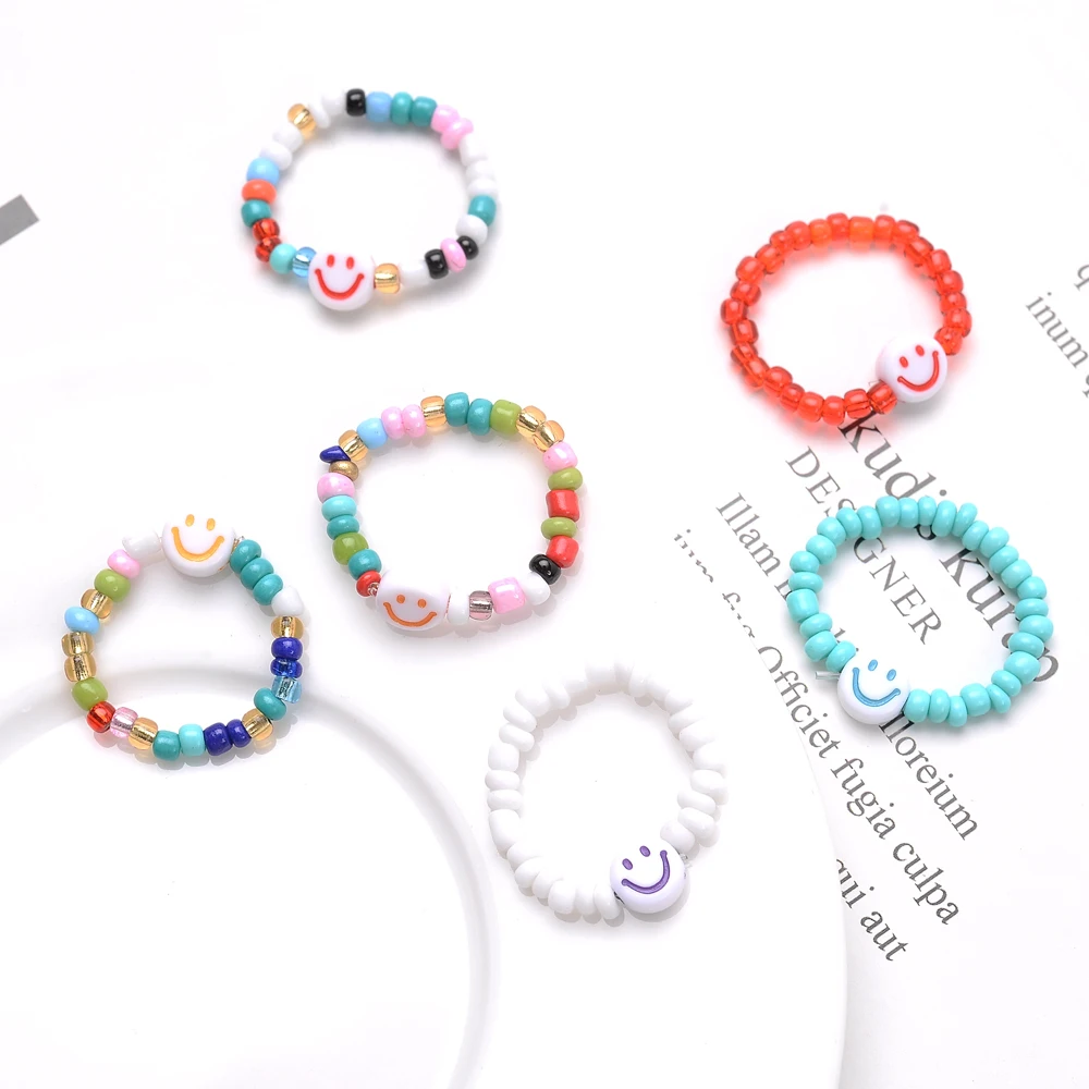 2021 Инс Минималистические многожильные кольца с имитацией жемчуга и улыбкой для женщин, круглые, на пальцы, ювелирные изделия, регулируемые аксессуары.