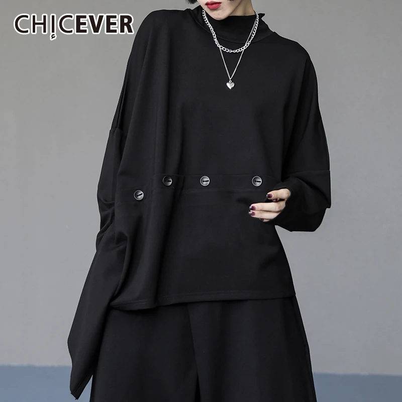 

CHICEVER Casual Solid T Shirts Female Turtleneck Long Sleeve Loose Minimalist T Shirt For Women 2021 Korean Fashion Clothing New