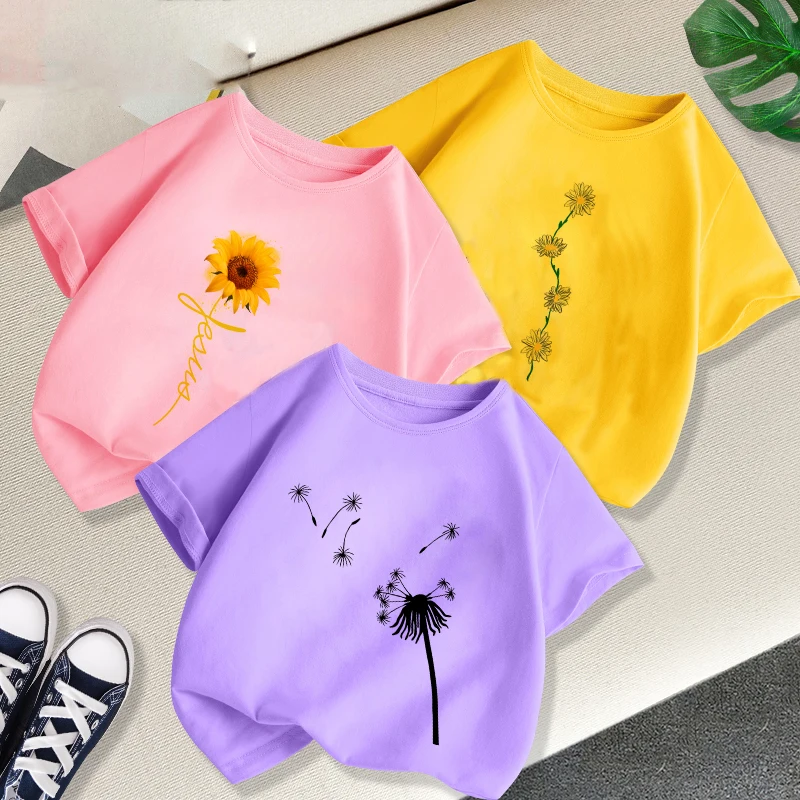 

Прямая поставка, новая детская футболка, летний топ с мультяшным принтом, чистый Подсолнух, с короткими рукавами, модный, милый, разноцветны...