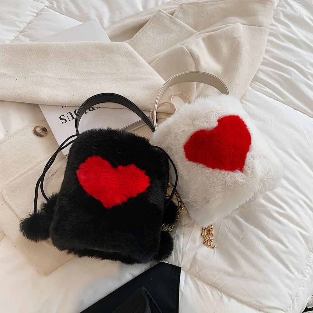 

Female Fashion Heart Print Shoulder Bag Women Casual Plush Crossbody Bags Drawstring Mini Bucket Handbags Female Purse Winter