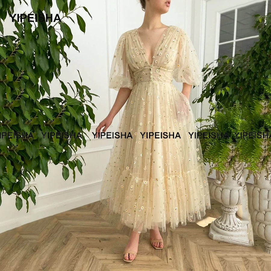 Yipeisha A Line Short Prom Dresses Puffy Sleeves V Neck Daisy Flowers Ankle Length Graduation Party Gowns 2021 Homecoming Dress