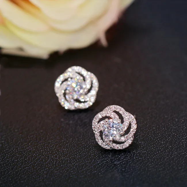 

Classic Rose Flower AAA Zircon Stud Earrings 925 Silver Noble Sparking Crystal Ear Stud Earrings Fashion Jewelry