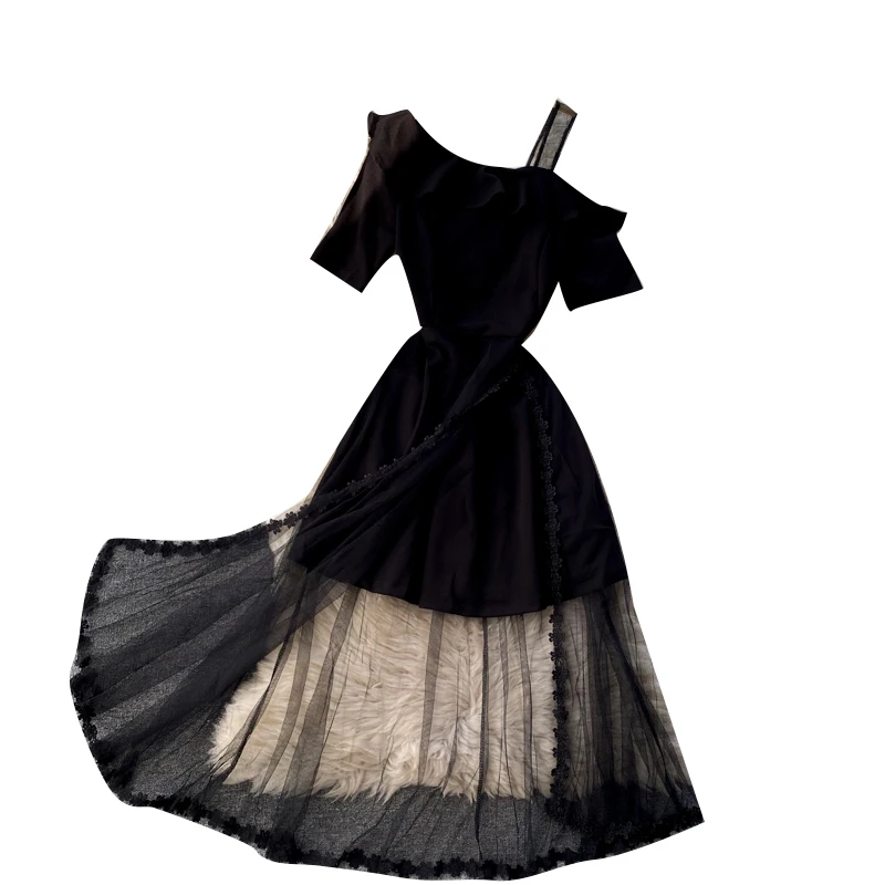 

2021 summer new women short sleeve ruffles Split chiffon with mesh A-line dress female Chic elegant fashion dresses