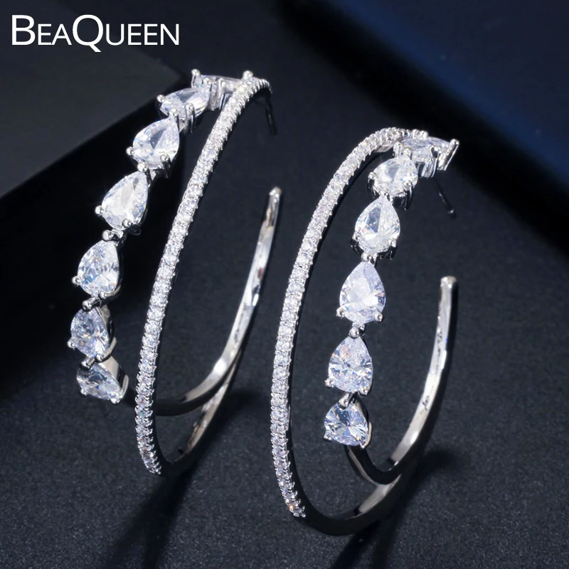Классические серьги-кольца BeaQueen в форме капли воды с кубическим цирконием